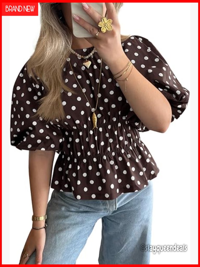 Polka Dot Peplum Top Puff Sleeve Blouse Casual Summer